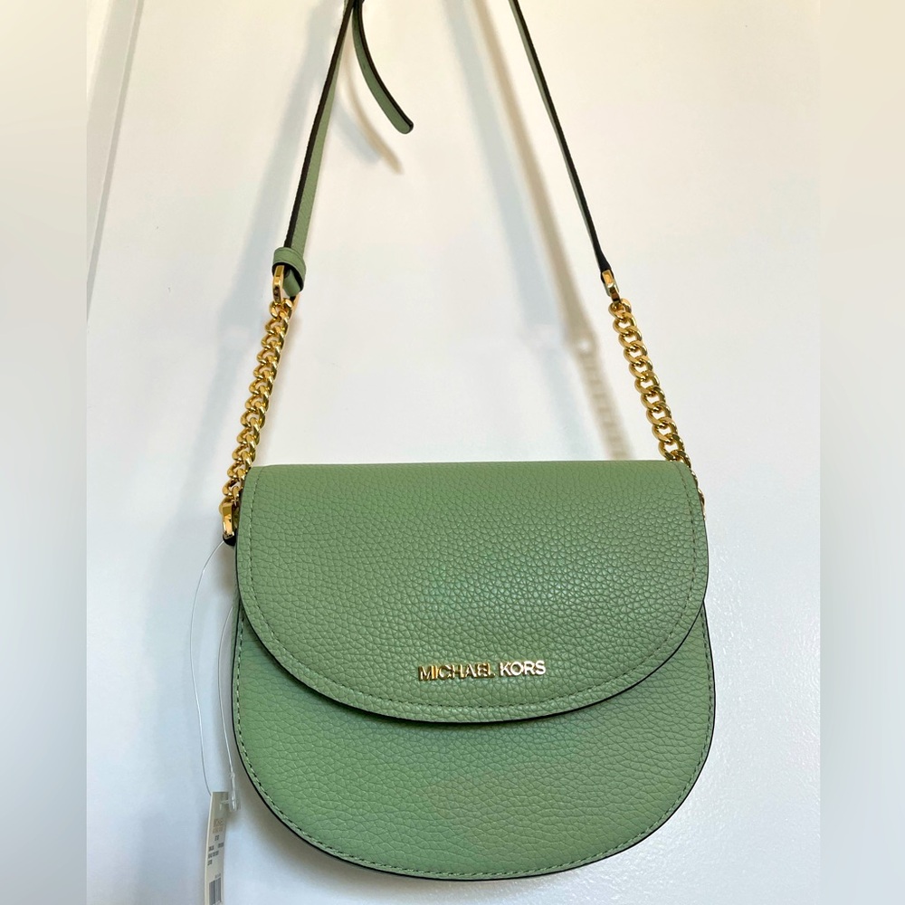 NWT Michael Kors Jet Set Small Half Dome Crossbody Leather Bag Green Chain $198